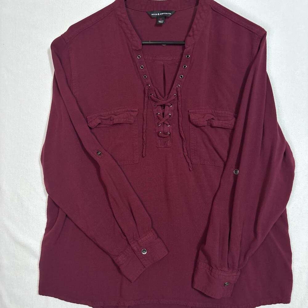 Rock & Republic Women's Burgundy 3/4 Sleeve Tie Up Tunic Shirt Size XL